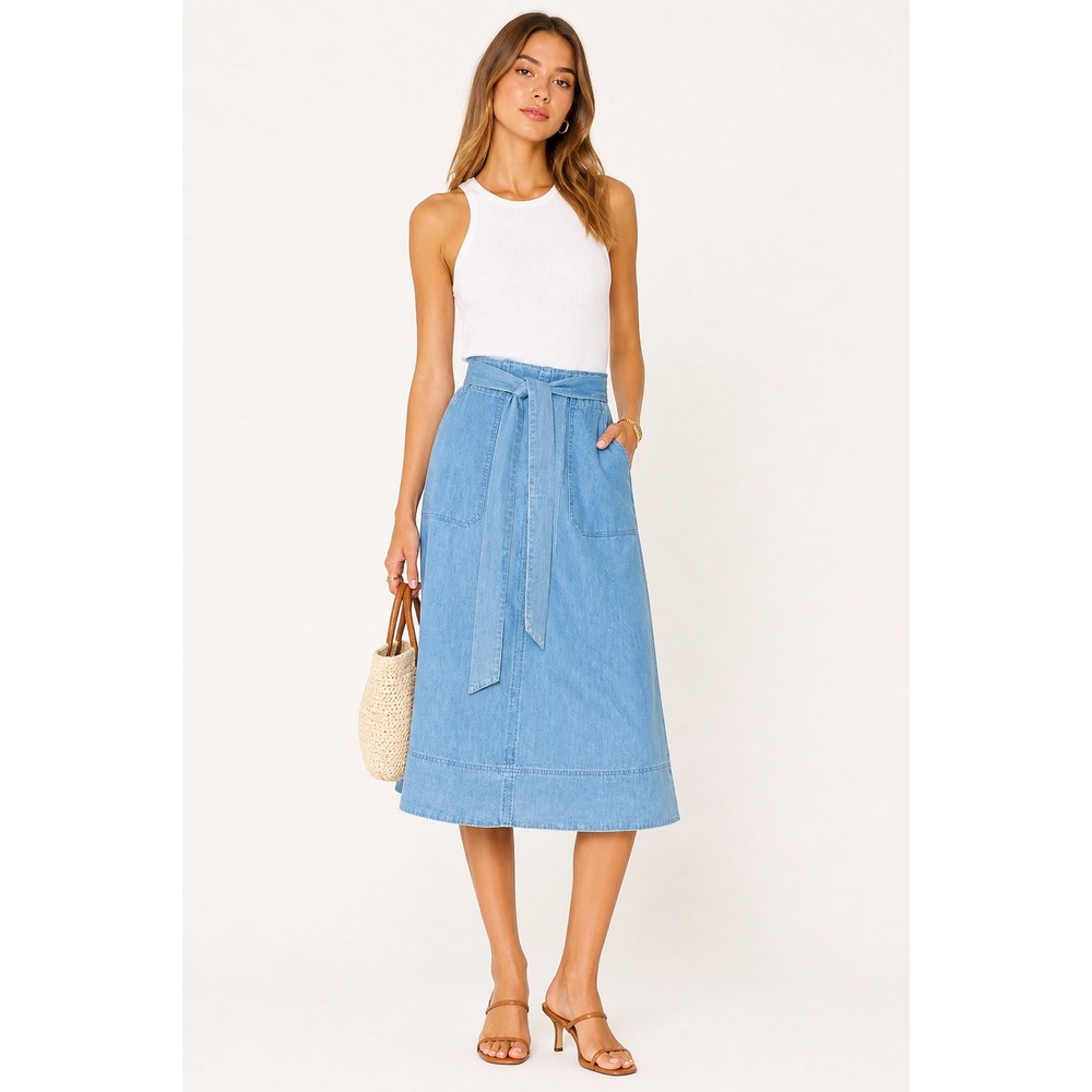 Universal Thread Skirt Womens 4 Blue Denim Midi A-Line Tie Waist Patch Pockets
